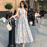 Summer Print Elegant Beach Dress New Women Vintage Pearl Beading Sweet Midi Dress Female Princess Fairy Strap Evening Dress