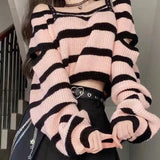 HiqdressSweet Off Shoulder Top Striped Knit Set Women's Spring Autumn Spicy Girls High Waist Pleated A-Line MiNi Skirt Two Piece Set Y2K