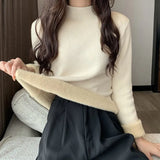 Autumn Winter Sweater Women Velvet Half Turtleneck Bottoming Solid Color Simple Soft Thermal Top Long-Sleeved Thickened T-Shirt