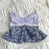 Plaid Floral Print Milkmaid Tops 00s Retro Coquette Camis Fairycore Y2K Lace Trim Backless Tie Up Crop Tops Chic Cute Mini Vest