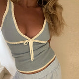 Y2K Vintage Knitted Edge V Neck Tank Tops Cute Bow Sleeveless Slim Fit Vest 2000s Retro Aesthetic Chic Women Backless Crop Tops