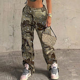 HiqdressCamo Flare Cargo Pants For Women High Waist Big Size Camouflage Print Baggy Techwear Patchwork Pocket Summer Streetwear Trousers