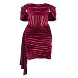 Off The Shoulder Velvet Dress Elegant Wine Red Bodycon Night Evening Party Dresses Draped Mesh Patchwork Women Dress