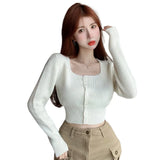 Women Autumn Long Sleeve Sweater Square Neck Slim Crop Top Female Winter Korean Solid Short Button Knitted Tops Chic Sweaters