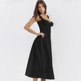 Summer Elegant Lace Up Black Dress Long A Line Midi Party Dress Casual Double Layer Women Dress New Arrivals