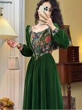 Vintage France Green Velvet Floral Dress for Women Chic Auricular A-line Party Prom Robe Winter Spring Harajuku Clothes