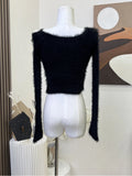 Autumn Woman Vintage Harajuku Fashion Gothic Crop Top Off Shoulder Jumper Tide O-Neck Fluffy Sweater Long Sleeve 2000s Aesthetic