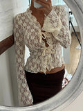 Women s Summer Lace Shirt Tops Y2k Flare Long Sleeve Tie Front Sheer Slim Crop Cardigan Clubwear