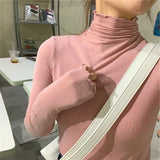 HiqdressSpring Autumn Turtleneck T-shirt Women All-Match Top Shirt Soft Comfortable Inner Top Casual Long Sleeve T-shirt Office Wear