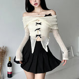 Apricot Gentle Sweet Mature Mature Beautiful Sexy All-match Casual Women Autumn One-line Collar Knitted Mesh Dovetail Top