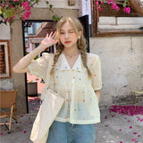 Sweet Shirts Women Kawaii Cute Print V Neck Puff Short Sleeve Blouse Student Korean Fashion Embroidery Loose Casual Top