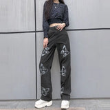 HiqdressBrown Baggy Girl Jeans Women Heart Print New Aesthetic Vintage 90s Streetwear Denim Trousers Low Waist Straight Pants