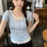 T Shirt Women Korean Fashion High Street Harajuku Patchwork Ladies Top Summer Slim Hot Sweet Chic Lace Up All Match T Shirt New