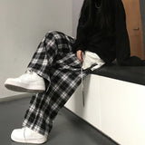 Lucyever Harajuku Black and White Plaid Pants Women Summer Casual Wide Leg Trousers Teens Hip Hop Unisex Loose Straight Pants