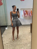 Women Fashion Plaid Side Pocket Knitted Mini Dress Elegant Backless Sleeveless Pleated A-line Dresses New Party Sexy Robes