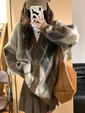 Preppy Knitted Cardigan Women Vintage Argyle Knit Sweater Female Autumn Winter V-neck Button Cardigans Lady Loose Soft Tops Coat