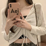 Pink Hollow Out Cardigan Women Sweet Kawaii Slim Ladies Shirt Solid All Match Drawstring V Neck Female Top Summer New