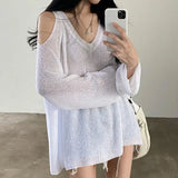 Deeptown High Street Knitted Sweater Women Korean Retro V-neck Off Shoulder Jumper Loose All-match Casual Sunscreen Elegant Tops