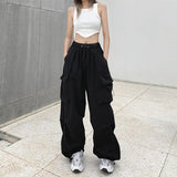 HiqdressWomen Big Pockets Cargo Pants Y2k High Elastic Waist Drawstring Baggy Trousers Vintage Casual Loose Side Zipper Straight Pants