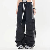 Hiqdress Y2K Kpop Cargo Pant Women Drawstring Pockets Wide Leg Chic Punk Pants Baggy Striped Sports Sweatpants Parachute Jogger Trousers