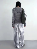 Harajuku Zip Up Hooded Cardigan Women Japanese Y2k Style Hollow Crop Sweater Vintage Gray Thin Knitted Long Sleev Tops