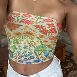 Summer Boho Bandeau Vest Cute Hiking Outfits Preppy Style Fitness Girl Strapless Tube Tops Graphic Print Off Shoulder Crop Tops