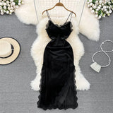 Lace Splice Sling Dress For Women Spring Outfits Retro Hepburn Style Base Fashion V-Neck Sleeveless Sexy Slim Side Slit Midi Velvet Dress