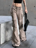 Washed Brown Utility Bootcut Jeans for Women American Style Street Pocket Wide Leg Pants Harajuku Style Y2k Casual Trousers