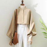 HiqdressWoman Spring Autumn Style Blouses Shirt Lady Long Lantern Sleeve Stand Collar Loose Blusas Tops