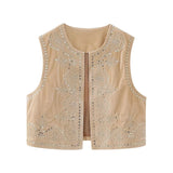 HiqdressWomen Fashion Y2k Vintage Floral Embroidery Vest Top V Neck Loose Casual Summer Woman Short Cardigan Waistcoat Chic Tops