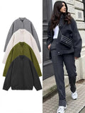 HiqdressWomen's New Pocket Decorative Hidden Button Loose Versatile Oversized Bomber Jacket Round Neck Long Sleeve Casual Top Coats