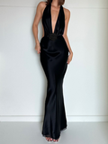 Satin Backless Design Halter Plain Sleeveless Maxi Dress