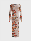 Mesh Crew Neck Floral Long Sleeve Maxi Dress