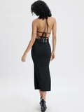 Lace Up Belt Halter Plain Sleeveless Maxi Dress