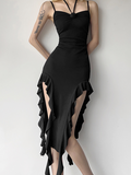 Y2k Black Ruffles Wrinkle Party Dress Midi Dress