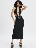 Lace Up Belt Halter Plain Sleeveless Maxi Dress