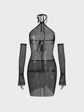 Street Black Fish net Lace up Dress Mini Dress