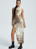 Split Cut Out Crew Neck Tie Dye Sleeveless Maxi Dress