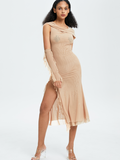 Punk Khaki Mesh Crossed front Dress Midi Dress