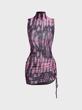 Y2k Pink Chevron Mesh Drawstring Dress Mini Dress