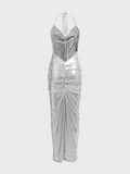 Metallic Sliver Wrinkled Spaghetti Plain Maxi Dress