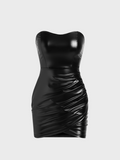 Street Black PU Double layer Wrinkle Dress Mini Dress