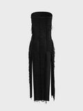 Slit Texture Fabric Strapless Plain Sleeveless Maxi Dress