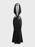 Lace Up Belt Halter Plain Sleeveless Maxi Dress