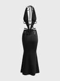 Lace Up Belt Halter Plain Sleeveless Maxi Dress