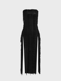 Slit Texture Fabric Strapless Plain Sleeveless Maxi Dress