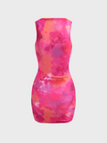 Mesh Crew Neck Tie Dye Sleeveless Short Dress