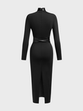 Stand Collar Plain Long Sleeve Maxi Dress