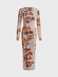 Mesh Crew Neck Floral Long Sleeve Maxi Dress